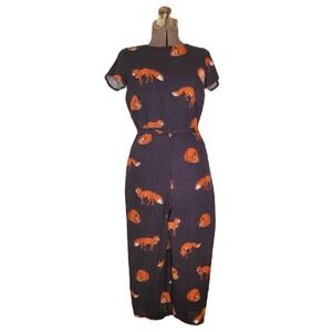 Modcloth Red Fox Jumpsuit Romper Cropped Pant Tie Waist Navy Linen‎ XS Funky